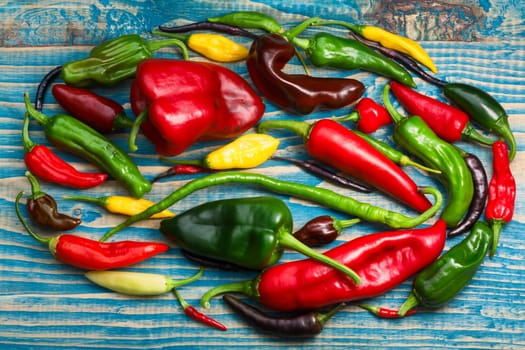 Colorful chile peppers mix. Different shapes and colors, top view