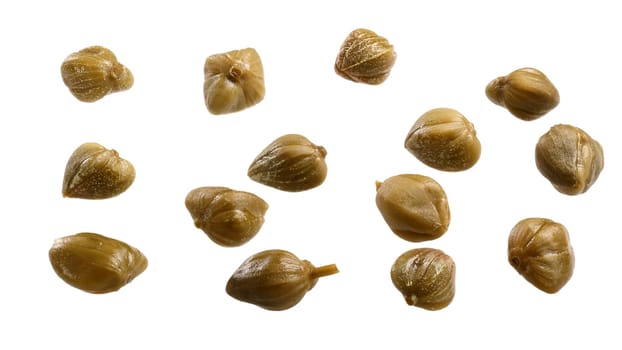 Capers (pickled flower buds of Capparis spinosa). Clipping path