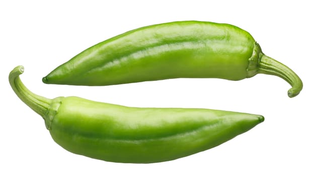 Numex Big Jim green chile peppers, whole. New Mexico pod type (Capsicum annuum). Clipping paths