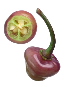 Cheiro Roxa chile pepper (Capsicum chinense), whole and halved pod. Clipping paths for each