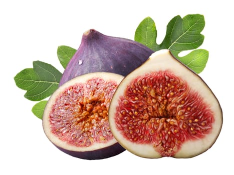 Fig fruits (Ficus carica) with leaves, whole and half. Clipping paths, shadowless
