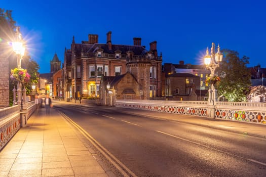 York cityscape along river ouse sunset dusk, York Yorkshire England UK.