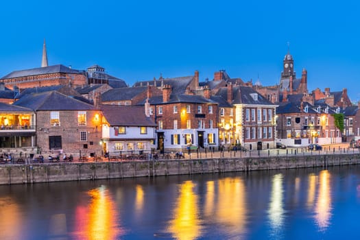 York cityscape along river ouse sunset dusk, York Yorkshire England UK.