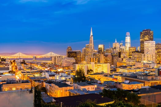 San Francisco downtown skyline Aerial view at sunset from Ina Coolbrith Park Hill in San Francisco, California, USA.