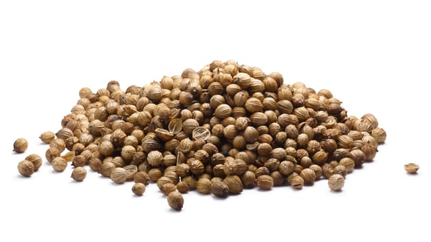 Pile of dried Coriander or Cilantro seeds (Coriandrum sativum fruits). Clipping paths, shadow separated