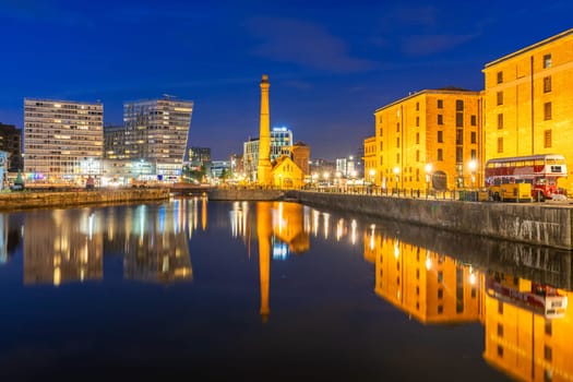 Liverpool Skyline building at Pier head and alber dock at sunset dusk, Liverpool England UK.