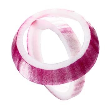 Hanging red purple onion rings. Clipping paths, shadowless