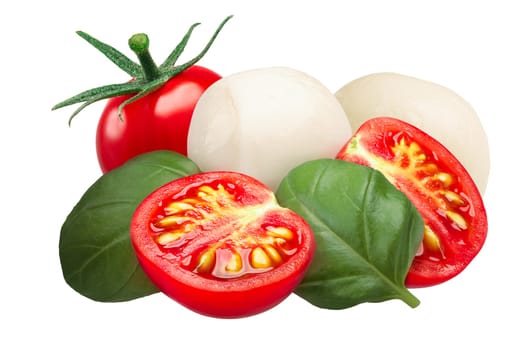 Cherry tomatoes, ciliegini mozzarella, Genovese basil leaves. Ingredients for Caprese. Clipping path, shadowless
