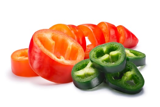Hot wax (Paprika) and Jalapeno chile peppers slices, seedless. Clipping paths, shadows separated