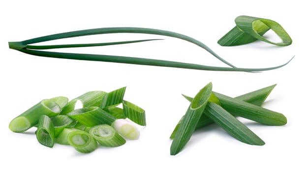 Set of whole and chopped green leek, scallions or spring onions (Allium fistulosum). Clipping paths for each object, shadows separated