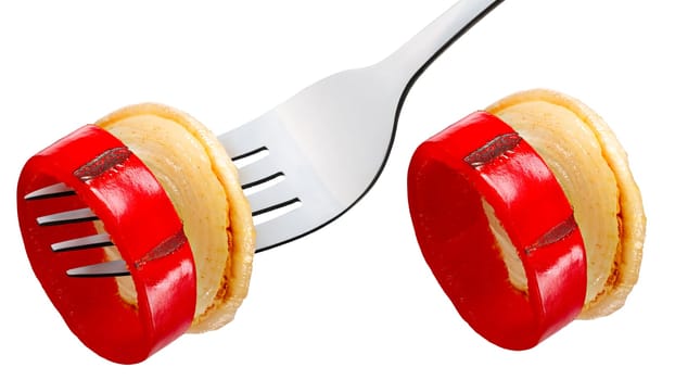 Slice of grilled red pepper (paprika) with caramelized onion rings, on a fork and alone. Clipping paths