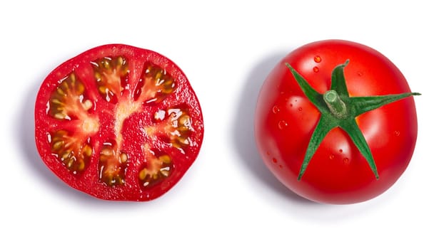 Fresh ripe round tomato with sepal, whole and half. Top view, clipping paths, shadows separated