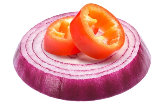 Red chile pepper (paprika) slices over slice of purple onion. Clipping paths, shadows separated