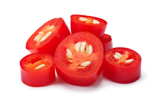 Chopped Serrano Tampiqueno chile pepper (Capsicum annuum). Clipping paths, shadow separated