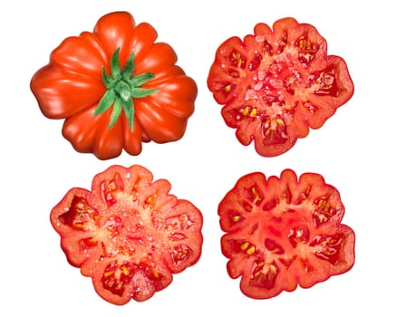 Ribbed heirloom tomato Costoluto di Parma whole, salted slice or half, top view