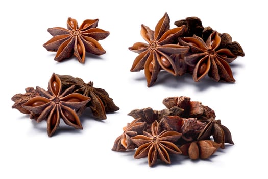 Set of Star anise or badiam (dried Ilicium verum fruits). Clipping paths for each object, shadows separated