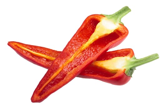 Chimayo chile pepper, a Mexican heirloom, ripe red, crossed pod halves without seeds