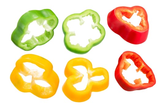 Red, Green, Yellow Bell Pepper Slices (Capsicum annuum)