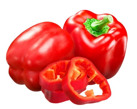 Red Bell Pepper (Capsicum annuum fruit), whole pod with slices, California Wonder variety