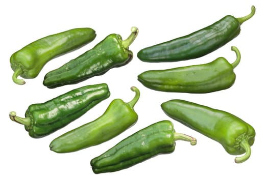Green sweet chile peppers, whole pods. Clipping paths