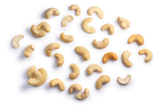 Cashew nuts (seeds of Anacardium occidentale), shelled, top view. Clipping paths, shadows separated