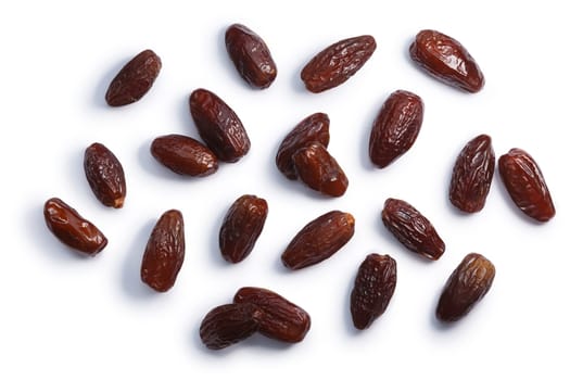 Dried Deglet Nour dates (fruits of date palm Phoenix dactylifera), top view. Clipping paths, shadow separated