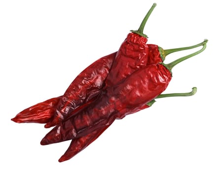 Dried Guajillo chile peppers, pile of whole pods, top view