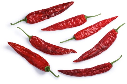 Dried Guajillo chile peppers, whole pods, top view