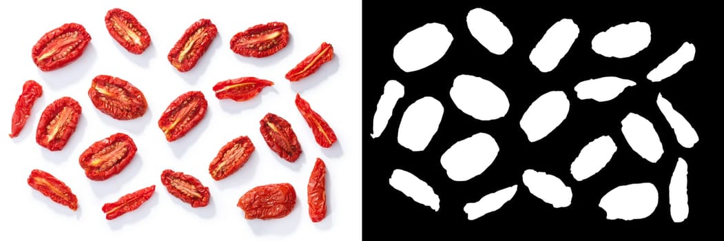 Dried or sundried San Marzano and Roma tomato halves, top view