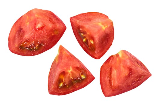 Tomato chunks or pieces, irregular shaped. Top view, clipping path