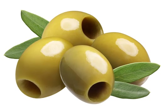 Green pitted olives (Large Manzanilla or Chalkidiki). Clipping path