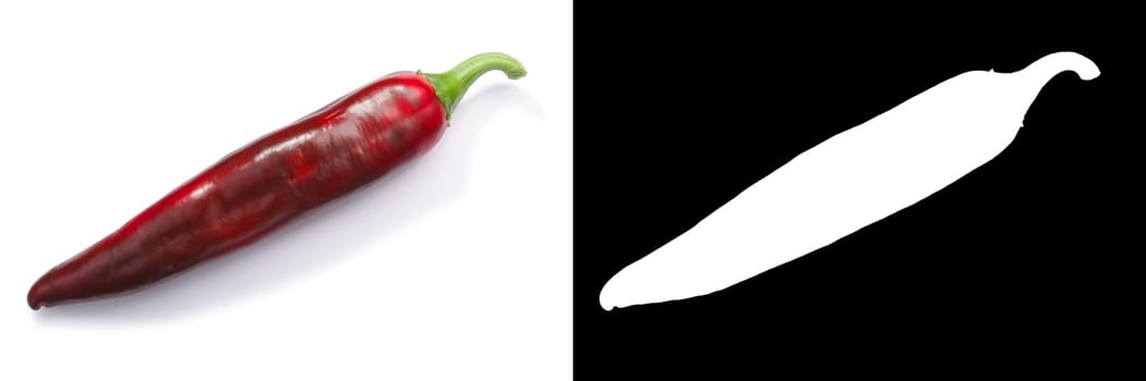 Hatch Sandia chile pepper, ripe red, top view (Capsicum annuum). Numex New Mexican pod type