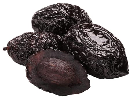 Sundried or dried greek Halkidiki (Chalkidiki) olives, pile of, whole with stone, one halved, isolated on white