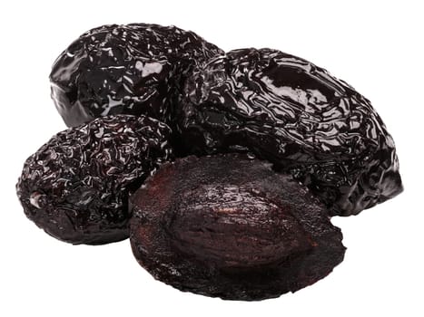 Sundried or dried greek Halkidiki (Chalkidiki) olives, pile of, whole with stone, one halved, isolated on white
