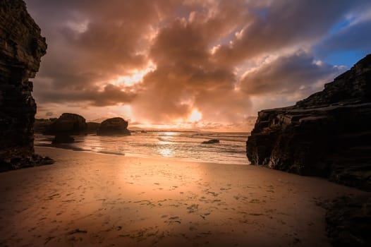 Beauty Atlantic coast with cliff,beach,ocean and sky with clouds. Galicia, Spain.