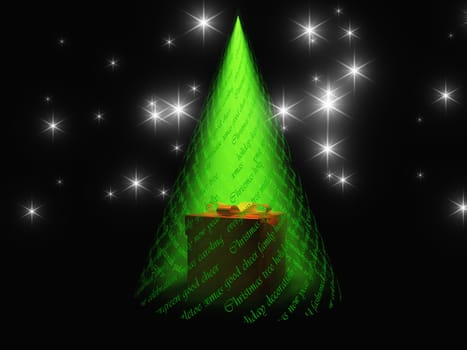 Christmas text with light in shape of tree reveals gift box