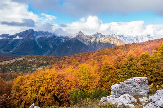 Beauty colorful autumn mountain landscape with cloudy sky.