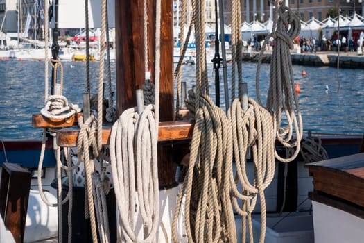 Detailed of rigging, bow and boom and the textures of rope and wood
