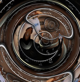 Faceless man and time spirals. 3D rendering