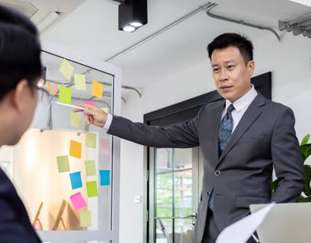 Business team have a meeting in a cafe - Selective focus at white board