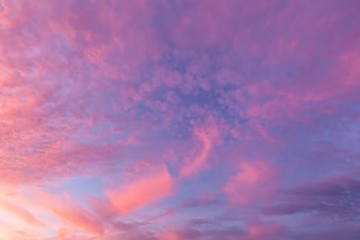 Pink clouds and blue sky background show natures calm weather and sunset glow landscape