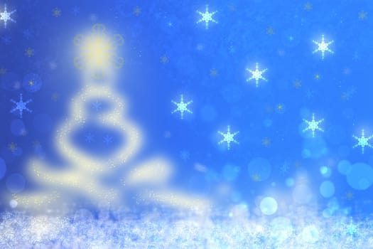 Abstract christmas tree background. Abstract blurred festive winter christmas or Happy New Year background with shiny blue and white bokeh lighted snow landscape. Space. Card concept.
