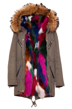 Woman coat isolated. A luxurious and stylish elegant parka with colorful fur on mannequin isolated on a white background. Winter fashion.
