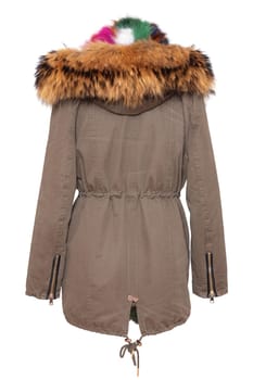 Woman coat isolated. A luxurious and stylish elegant parka with colorful fur on mannequin isolated on a white background. Winter fashion.