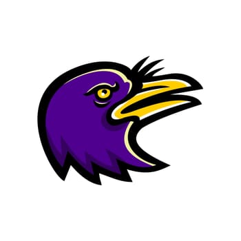 Mascot icon illustration of head of an American crow, a large passerine bird species of the family Corvidae, looking up viewed from side on isolated background in retro style.