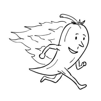 Drawing sketch style illustration of a a red chili or chilli pepper on fire burning in flames running in black and white on isolated white background.