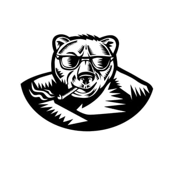 Retro woodcut style illustration of a grizzly bear smoking a cigar viewed from front on isolated background in black and white.