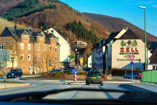 ZELL, GERMANY - MARCH 26, 2016: Entrance to Zell am Mosel with roundabout and view of the symbol and logo for the famous wine of Zell, Moselle, Rhineland-Palatinate, Germany, Europe.
