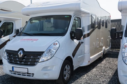 MUELHEIM RUHR  NRW  GERMANY -AUGUST  29  2017:.Motorhomes and campers for sale or rent. Concept freedom, family holiday travel, vacation travel with camper.