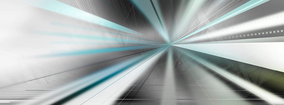 Straight perspective lines and shapes on horizontal atmospheric space background. Shifting line tones, hues and shades. Contrasting blurred color values.